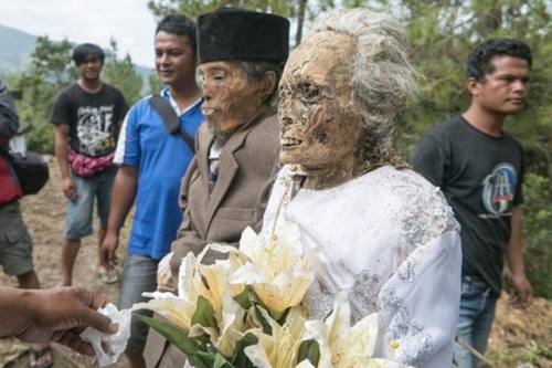 Jenazah yang sudah dibersihkan dan digantikan pakaian baru dalam upacara Ma'nene di Toraja